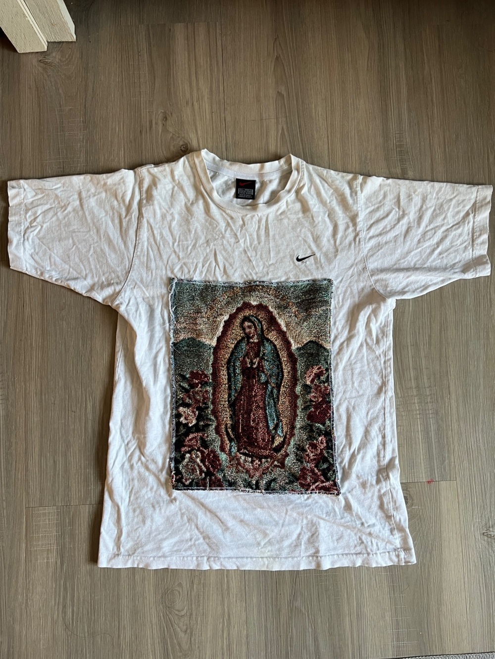 Unisex Nike White Repurposed Religious Patchwork Tee